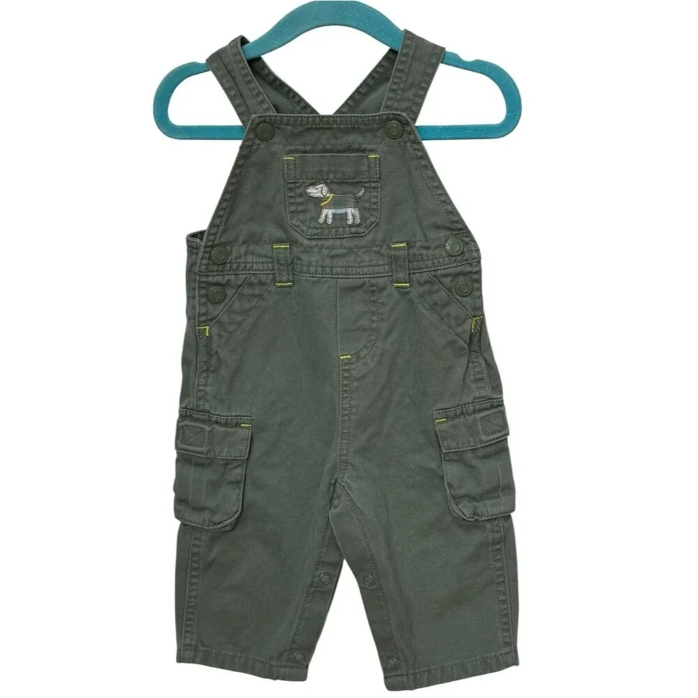 Carter’s Baby Boys Kids Green Dog Embroidered Cotton Overalls. 6 Months.